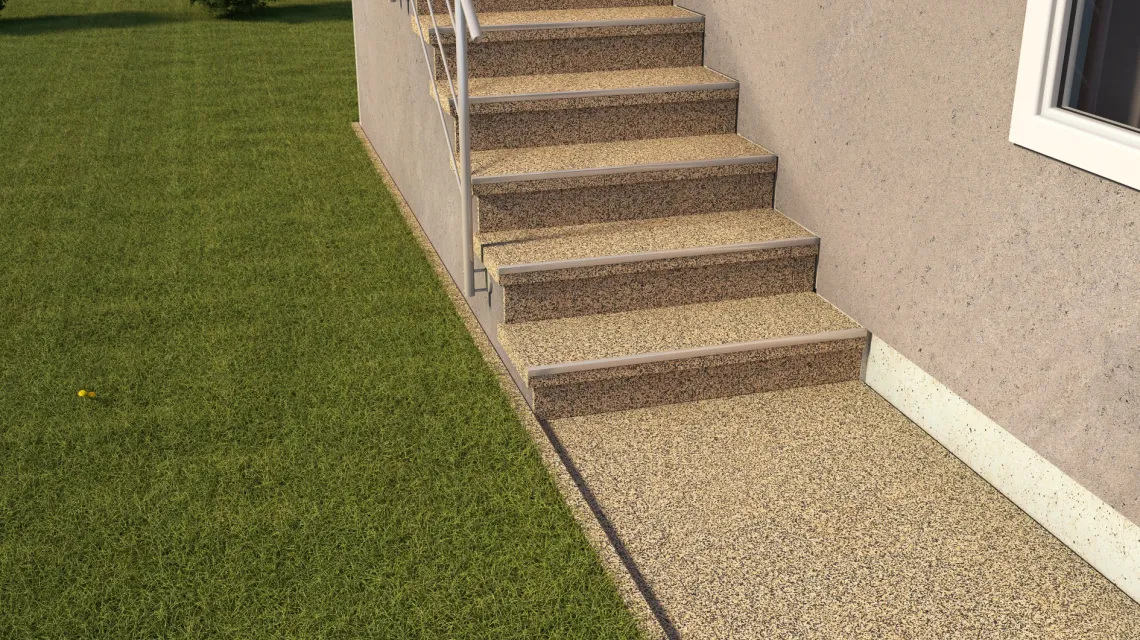 Beispielhafte Verlegung für den Artikel 0104 von WARCO - Gummibeläggning för trappa, Farbton Travertin in der Abmessung 500 x 500 x 18 mm.