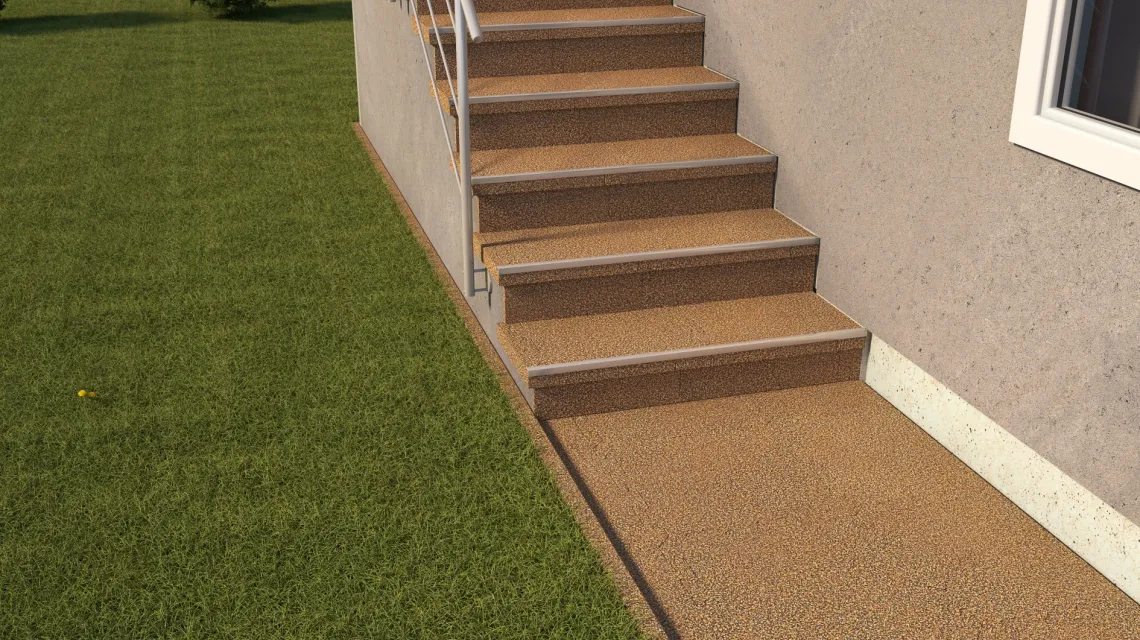 Beispielhafte Verlegung für den Artikel 0109 von WARCO - Gummibeläggning för trappa, Farbton Rattan Lounge in der Abmessung 500 x 500 x 18 mm.