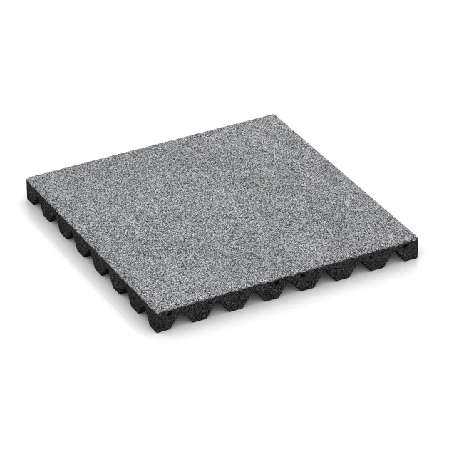 Fallskyddsplatta för lekplats von WARCO im Farbdesign Grå Melange mit den Abmessungen 500 x 500 x 45 mm. Produktfoto von Artikel 4475 in der Aufsicht von schräg vorne.