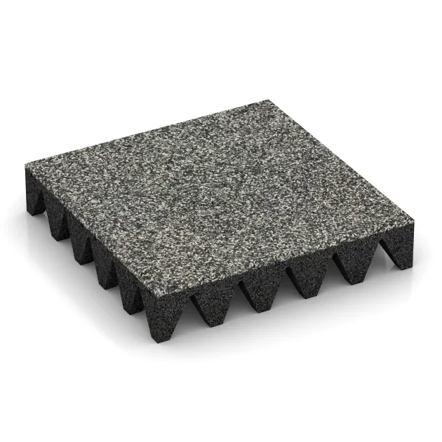 Fallskyddsmattor 10 cm - EN 1177 ≤ 300 cm von WARCO im Farbdesign Grå Granit mit den Abmessungen 500 x 500 x 100 mm. Produktfoto von Artikel 5644 in der Aufsicht von schräg vorne.
