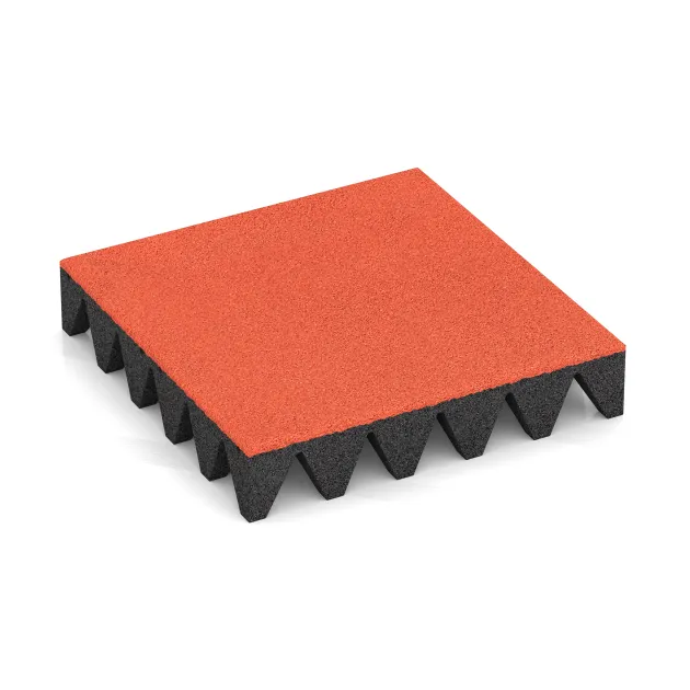 Fallskyddsmattor 10 cm - EN 1177 ≤ 300 cm von WARCO im Farbdesign Ljusröd-Orange mit den Abmessungen 500 x 500 x 100 mm. Produktfoto von Artikel 5639 in der Aufsicht von schräg vorne.