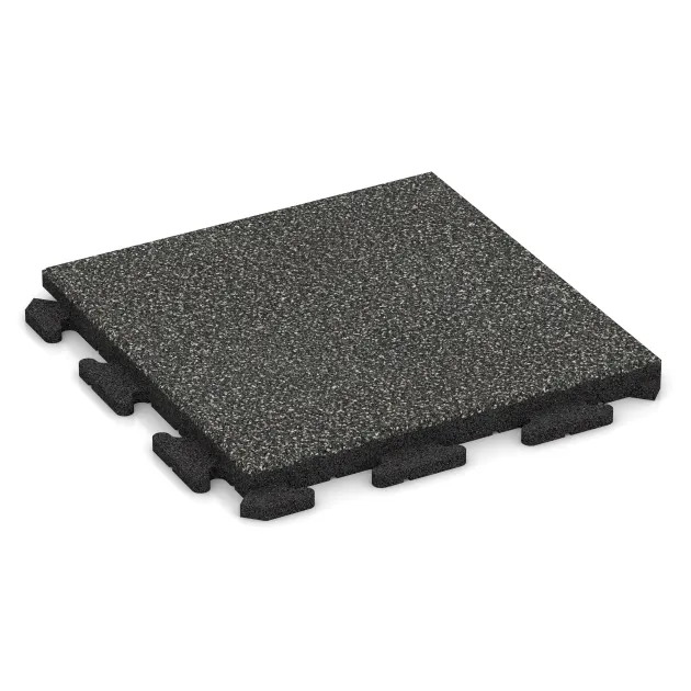 Fitnessgolv Gummiplattor Classic von WARCO im Farbdesign Mörkgrå Granit mit den Abmessungen 500 x 500 x 40 mm. Produktfoto von Artikel 1353 in der Aufsicht von schräg vorne.