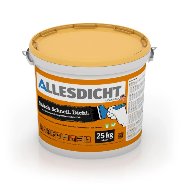 ALLESDICHT – Tätskikt von WARCO im Farbdesign Svart mit den Abmessungen 25 kg | 7,6 m². Produktfoto von Artikel 0024 in der Aufsicht von schräg vorne.