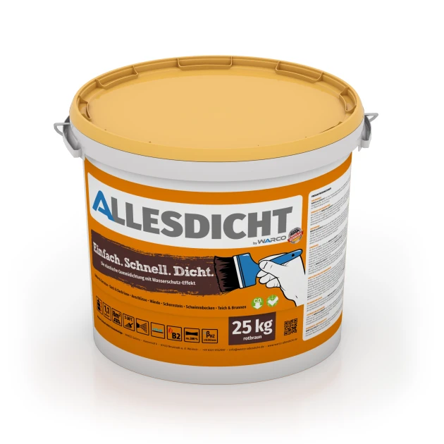 ALLESDICHT – Tätskikt von WARCO im Farbdesign Rödbrun mit den Abmessungen 25 kg | 7,6 m². Produktfoto von Artikel 0025 in der Aufsicht von schräg vorne.