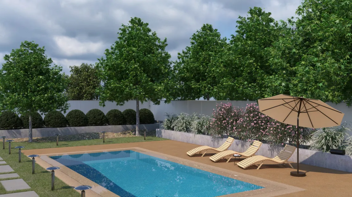 Beispielhafte Verlegung für den Artikel 2738 von WARCO - Poolplatta, Farbton Rattan Lounge in der Abmessung 500 x 500 x 30 mm.