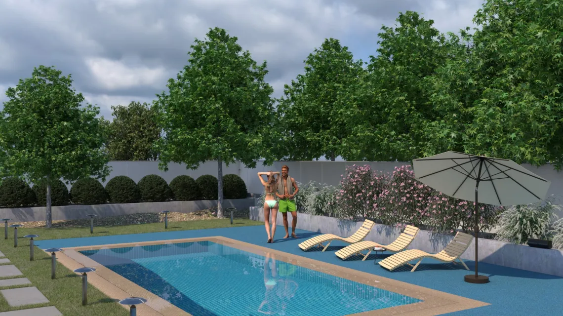 Beispielhafte Verlegung für den Artikel 2928 von WARCO - Poolplatta, Farbton Atlantic in der Abmessung 500 x 500 x 40 mm.