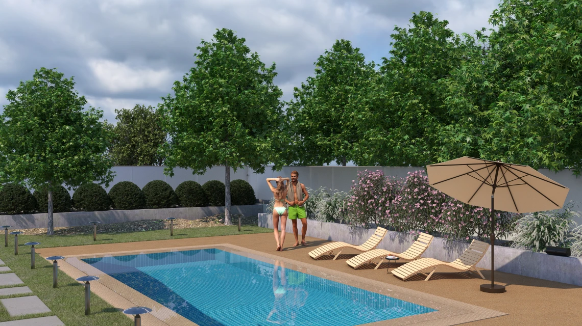 Beispielhafte Verlegung für den Artikel 5235 von WARCO - Poolplatta fogfri, Farbton Rattan in der Abmessung 30,6 x 30,6 x 3 cm | 0,094 m².