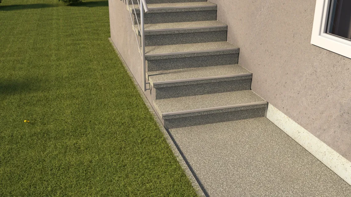 Beispielhafte Verlegung für den Artikel 5424 von WARCO - Treppenbelag, Farbton Ljus Granit in der Abmessung 306 x 306 x 20 mm.