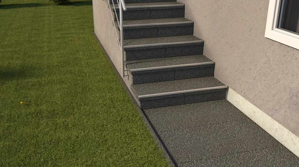 Beispielhafte Verlegung für den Artikel 5448 von WARCO - Trappflisa, Farbton Mörkgrå Granit in der Abmessung 500 x 500 x 30 mm.