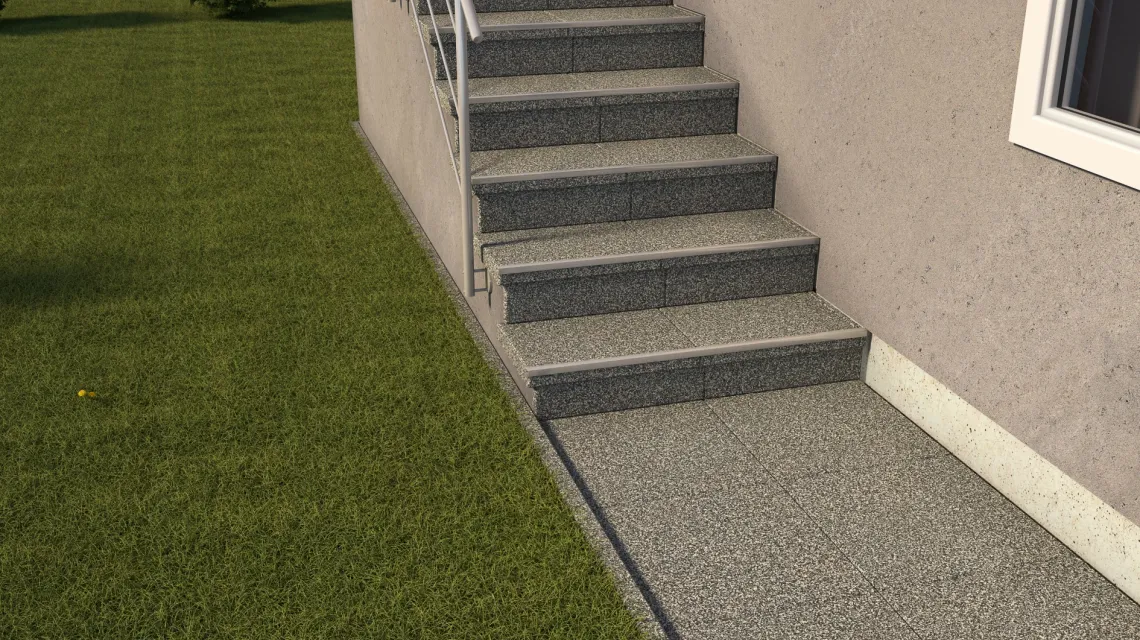 Beispielhafte Verlegung für den Artikel 5449 von WARCO - Trappflisa, Farbton Grå Granit in der Abmessung 500 x 500 x 30 mm.