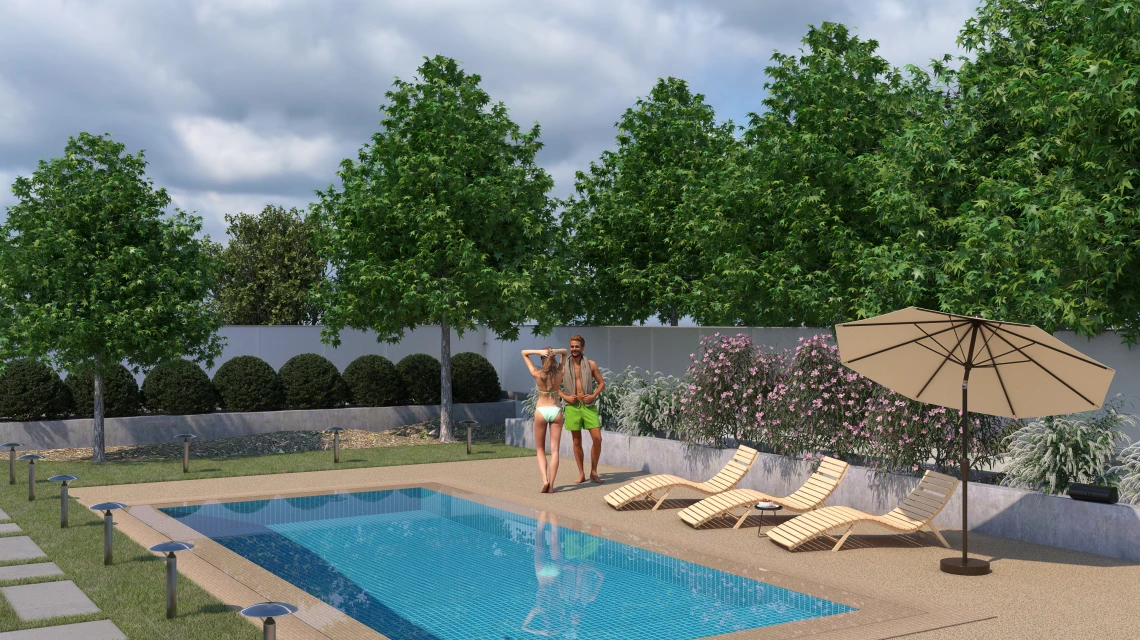 Beispielhafte Verlegung für den Artikel 6108 von WARCO - Poolplatta fogfri, Farbton Travertin in der Abmessung 30,6 x 30,6 x 3 cm | 0,094 m².