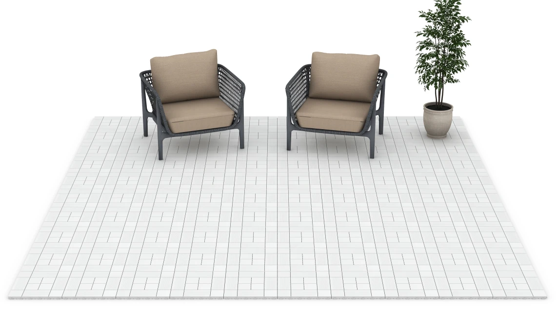 Beispielhafte Verlegung für den Artikel 6235 von WARCO - Panelmönster – Trallplattor, Farbton Krita in der Abmessung 38,5 x 38,5 x 2 cm.