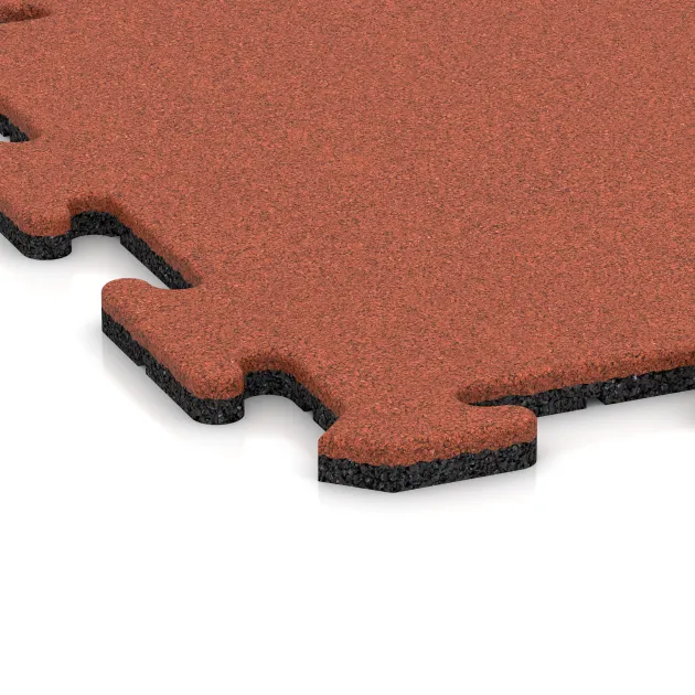 Detailaufnahme der Randausprägung von WARCO-Produkt 6218, Sportgolvsplatta 1,8 cm, Format 500 x 500 x 18 mm, Farbe Ljusröd-Orange.