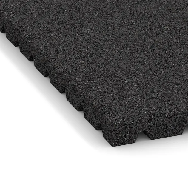 Detailaufnahme der Randausprägung von WARCO-Produkt 0780, Fallskyddsmatta i gummi, Format 1000 x 1000 x 40 mm, Farbe Anthracite.