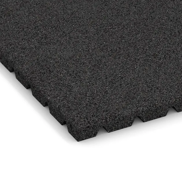 Detailaufnahme der Randausprägung von WARCO-Produkt 5462, Fallskyddsmatta 3 cm - EN 1177 ≤ 100 cm, Format 500 x 500 x 30 mm, Farbe Anthracite.