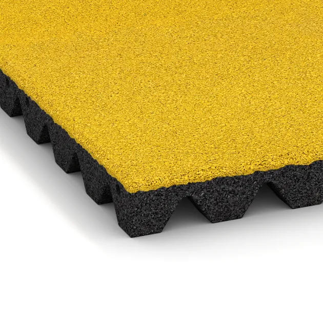 Detailaufnahme der Randausprägung von WARCO-Produkt 5537, Fallskyddsmattor 4,5 cm - EN 1177 ≤ 135 cm, Format 500 x 500 x 45 mm, Farbe Citron Gul.
