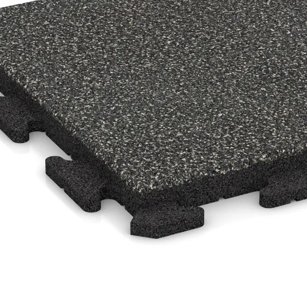 Detailaufnahme der Randausprägung von WARCO-Produkt 1353, Fitnessgolv Gummiplattor Classic, Format 500 x 500 x 40 mm, Farbe Mörkgrå Granit.