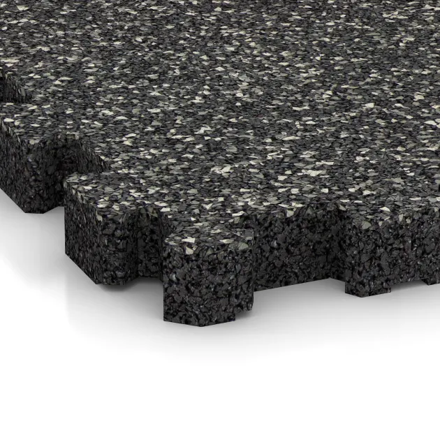Detailaufnahme der Randausprägung von WARCO-Produkt 4267, Gummiklickplatta, Format 306 x 306 x 30 mm, Farbe Mörkgrå Granit.