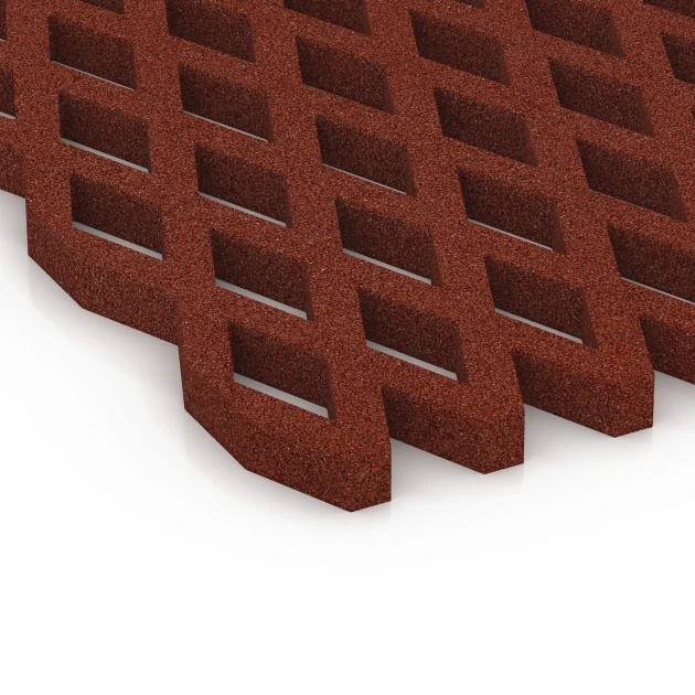 Detailaufnahme der Randausprägung von WARCO-Produkt 7010, Fallskyddsmatta med galler, Format 100 x 100 x 4 cm, Farbe Tegelröd.