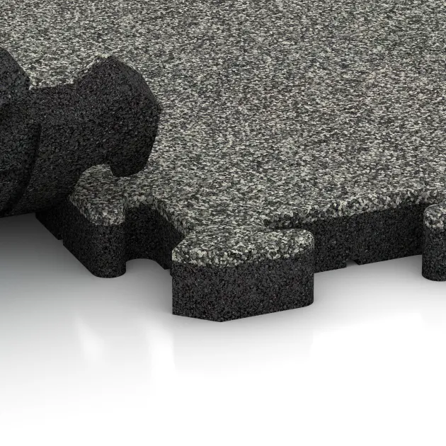 Großaufnahme vom Verbindungssystem von WARCO-Boden 3407 - Fitness Skyddsmatta HD im Farbdesign Grå Granit. Abmessungen 1000 x 1000 x 40 mm.