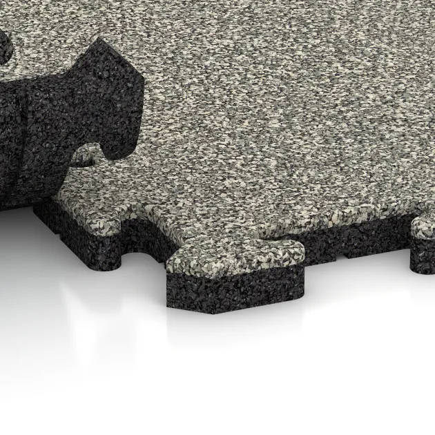 Großaufnahme vom Verbindungssystem von WARCO-Boden 2727 - Poolplatta im Farbdesign Ljus Granit. Abmessungen 500 x 500 x 30 mm.