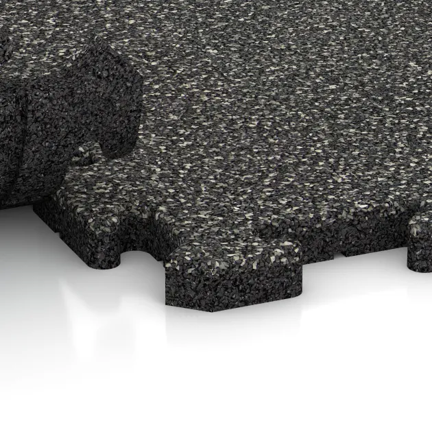 Großaufnahme vom Verbindungssystem von WARCO-Boden 3282 - Hundsportgolv HD im Farbdesign Mörkgrå Granit. Abmessungen 1000 x 1000 x 30 mm.