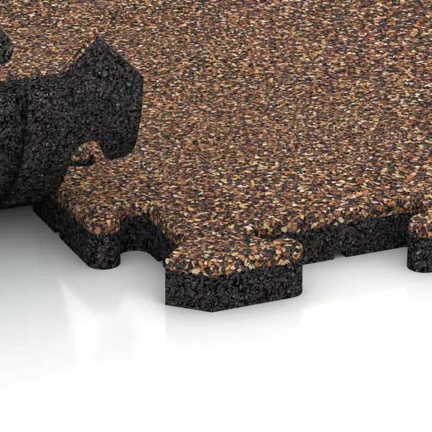 Großaufnahme vom Verbindungssystem von WARCO-Boden 3217 - Spiel-Bodenbelag im Farbdesign Bast & Bark. Abmessungen 1000 x 1000 x 30 mm.