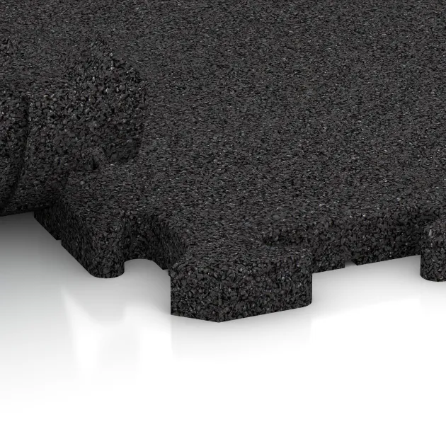 Großaufnahme vom Verbindungssystem von WARCO-Boden 3330 - Fitness Skyddsmatta HD im Farbdesign Anthracite. Abmessungen 1000 x 1000 x 30 mm.
