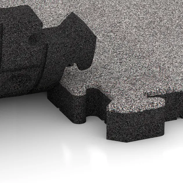 Großaufnahme vom Verbindungssystem von WARCO-Boden 4563 - Gummibeläggning för sport HD im Farbdesign Grå Melange. Abmessungen 500 x 500 x 50 mm.