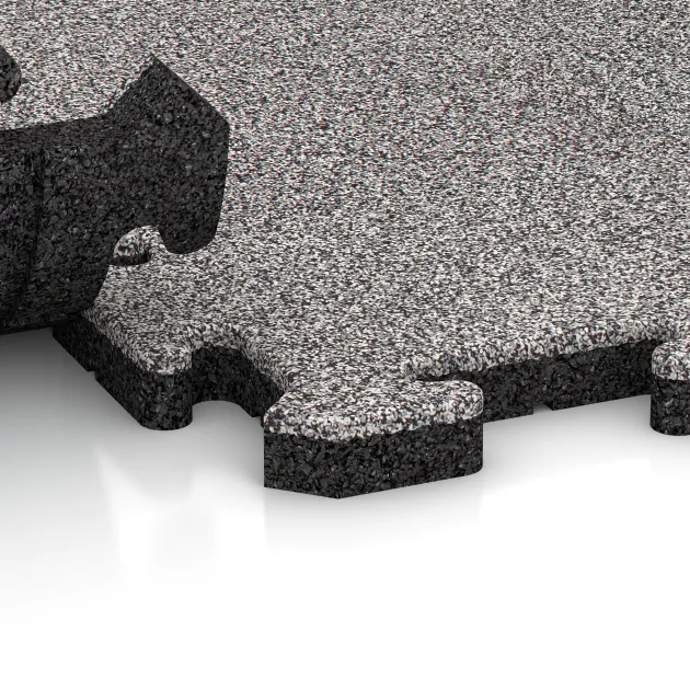 Großaufnahme vom Verbindungssystem von WARCO-Boden 5010 - Kantplatta im Farbdesign Grå Melange. Abmessungen 1000 x 485 x 30 mm.