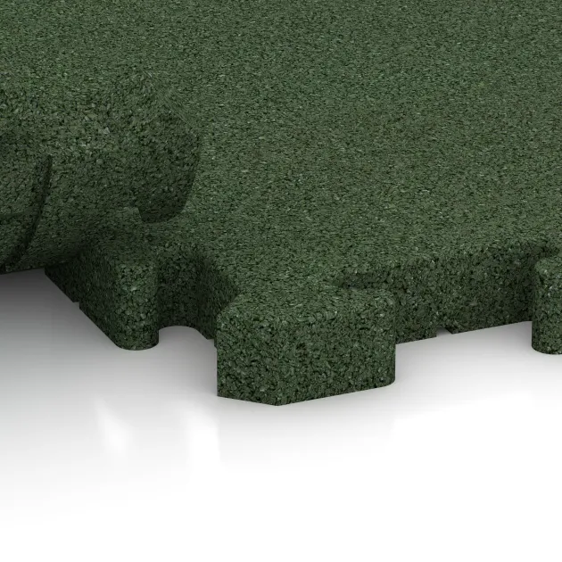 Großaufnahme vom Verbindungssystem von WARCO-Boden 5009 - Hörnplatta im Farbdesign Gräsgrön. Abmessungen 235 x 235 x 40 mm.