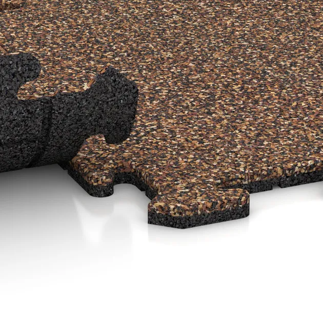 Großaufnahme vom Verbindungssystem von WARCO-Boden 3902 - Hundsportgolv HD im Farbdesign Bast & Bark. Abmessungen 500 x 500 x 18 mm.