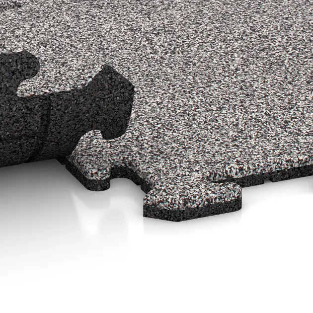 Großaufnahme vom Verbindungssystem von WARCO-Boden 4593 - Hundsportgolv HD im Farbdesign Grå Melange. Abmessungen 500 x 500 x 18 mm.