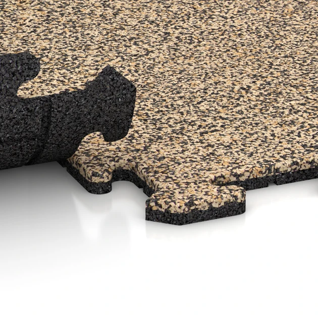 Großaufnahme vom Verbindungssystem von WARCO-Boden 4237 - Sportgolvsplatta 1,8 cm im Farbdesign Travertin. Abmessungen 100 x 100 x 1,8 cm | 1,00 m².