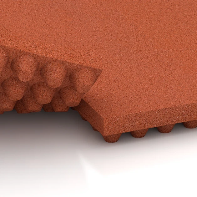 Großaufnahme vom Verbindungssystem von WARCO-Boden 3644 - Lyxig stallmatta im Farbdesign Tegelröd. Abmessungen 100 × 50 × 5,5 cm.