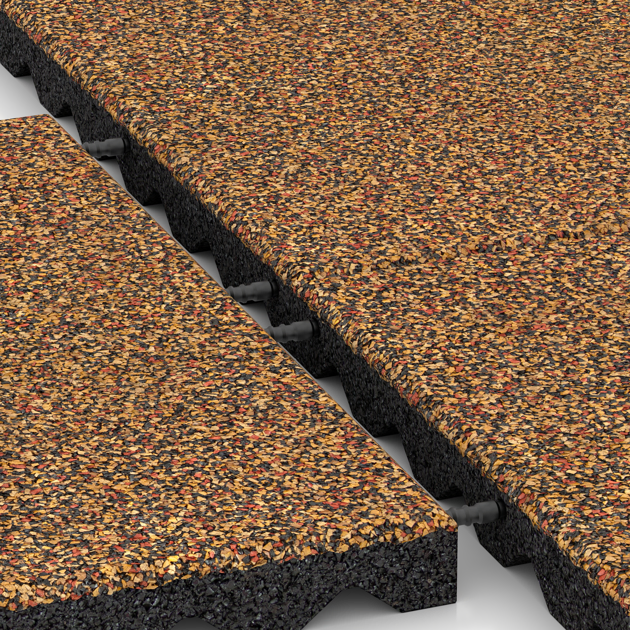 Großaufnahme vom Verbindungssystem von WARCO-Boden 5336 - Fallskyddsplatta för lekplats im Farbdesign Terra Cotta. Abmessungen 500 x 500 x 40 mm.