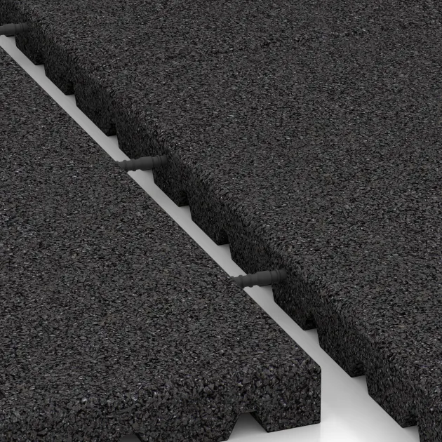 Großaufnahme vom Verbindungssystem von WARCO-Boden 0780 - Fallskyddsmatta i gummi im Farbdesign Anthracite. Abmessungen 1000 x 1000 x 40 mm.