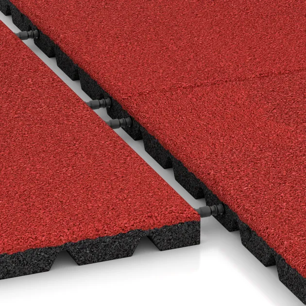 Großaufnahme vom Verbindungssystem von WARCO-Boden 5474 - Fallskyddsmatta 3 cm - EN 1177 ≤ 100 cm im Farbdesign Rose. Abmessungen 500 x 500 x 30 mm.