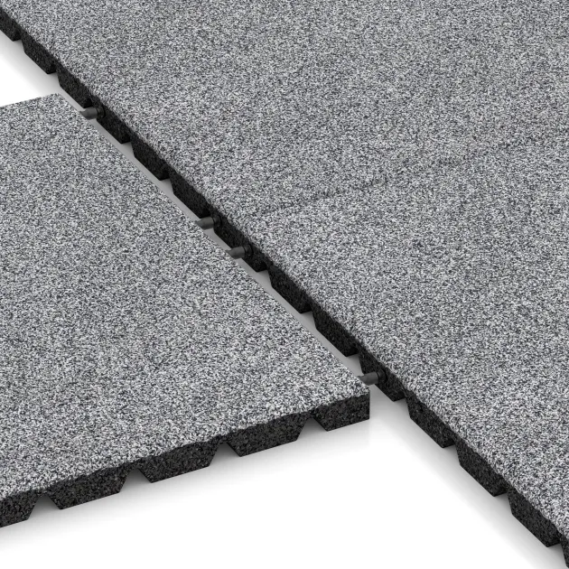 Großaufnahme vom Verbindungssystem von WARCO-Boden 5476 - Fallskyddsmatta 3 cm - EN 1177 ≤ 100 cm im Farbdesign Grå Melange. Abmessungen 500 x 500 x 30 mm.