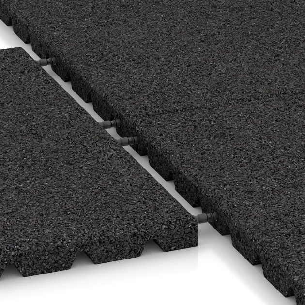 Großaufnahme vom Verbindungssystem von WARCO-Boden 5462 - Fallskyddsmatta 3 cm - EN 1177 ≤ 100 cm im Farbdesign Anthracite. Abmessungen 500 x 500 x 30 mm.