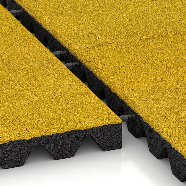 Großaufnahme vom Verbindungssystem von WARCO-Boden 5537 - Fallskyddsmattor 4,5 cm - EN 1177 ≤ 135 cm im Farbdesign Citron Gul. Abmessungen 500 x 500 x 45 mm.