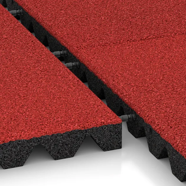 Großaufnahme vom Verbindungssystem von WARCO-Boden 0639 - Fallskyddsplatta för lekplats im Farbdesign Rose. Abmessungen 500 x 500 x 45 mm.