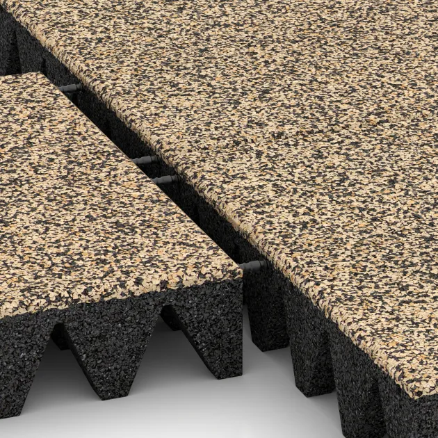 Großaufnahme vom Verbindungssystem von WARCO-Boden 3699 - Fallskyddsplatta för lekplats im Farbdesign Travertin. Abmessungen 500 x 500 x 100 mm.