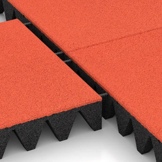 Großaufnahme vom Verbindungssystem von WARCO-Boden 5639 - Fallskyddsmattor 10 cm - EN 1177 ≤ 300 cm im Farbdesign Ljusröd-Orange. Abmessungen 500 x 500 x 100 mm.