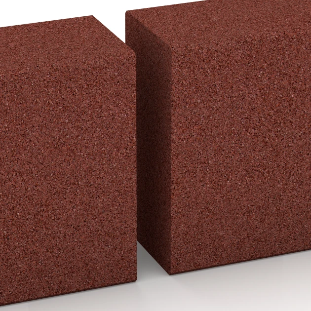 Großaufnahme vom Verbindungssystem von WARCO-Boden 7029 - Gummiblocksteg av gummigranulat im Farbdesign Tegelröd. Abmessungen 100 x 30 x 15 cm.