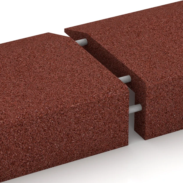 Großaufnahme vom Verbindungssystem von WARCO-Boden 2606 - Gummilist lekplats – L-formad kantsten im Farbdesign Tegelröd. Abmessungen 100 x 40 cm | 4,5/14,5 cm.