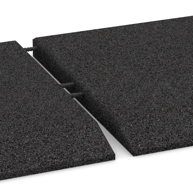 Großaufnahme vom Verbindungssystem von WARCO-Boden 0473 - Eck-Platte (zwei Seiten abgeschrägt) im Farbdesign Anthracite. Abmessungen 500 x 500 x 40 mm.