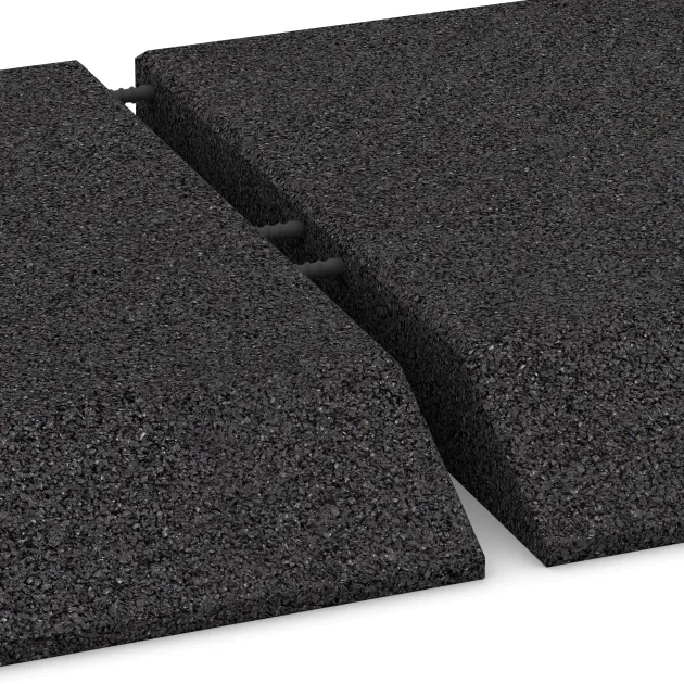 Großaufnahme vom Verbindungssystem von WARCO-Boden 0491 - Eck-Platte (zwei Seiten abgeschrägt) im Farbdesign Anthracite. Abmessungen 500 x 500 x 65 mm.