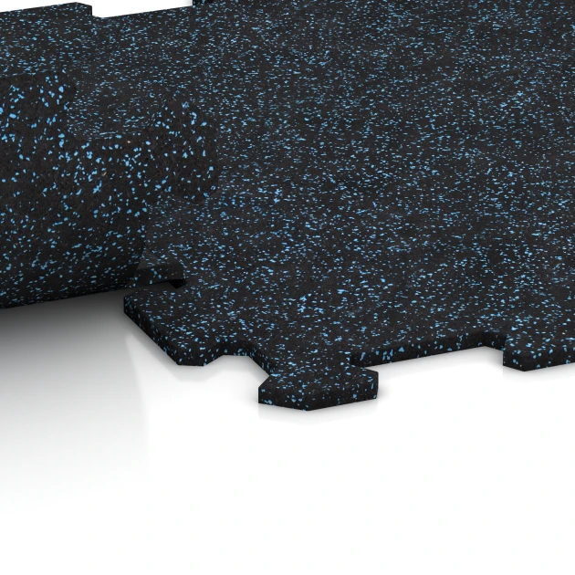 Großaufnahme vom Verbindungssystem von WARCO-Boden 0917 - Fitnessgolv Kompakt im Farbdesign Lätt Blå Sprakling. Abmessungen 485 x 485 x 8 mm | 0,235 m².