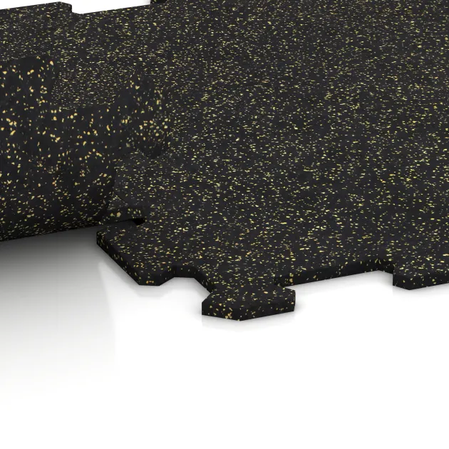 Großaufnahme vom Verbindungssystem von WARCO-Boden 0910 - Trappflisa im Farbdesign Lätt Gul Prickig. Abmessungen 485 x 485 x 8 mm | 0,235 m².